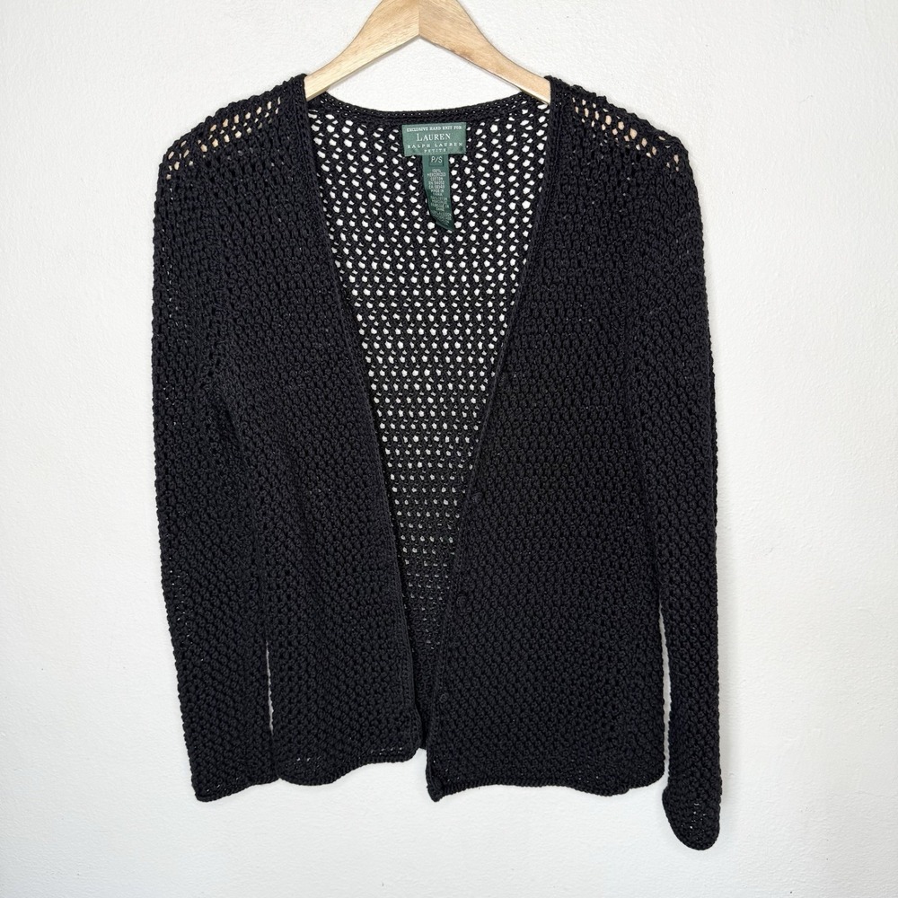 Lauren Ralph Lauren Hand Knit Cardigan Women's Petite Small Black Cotton Cottage